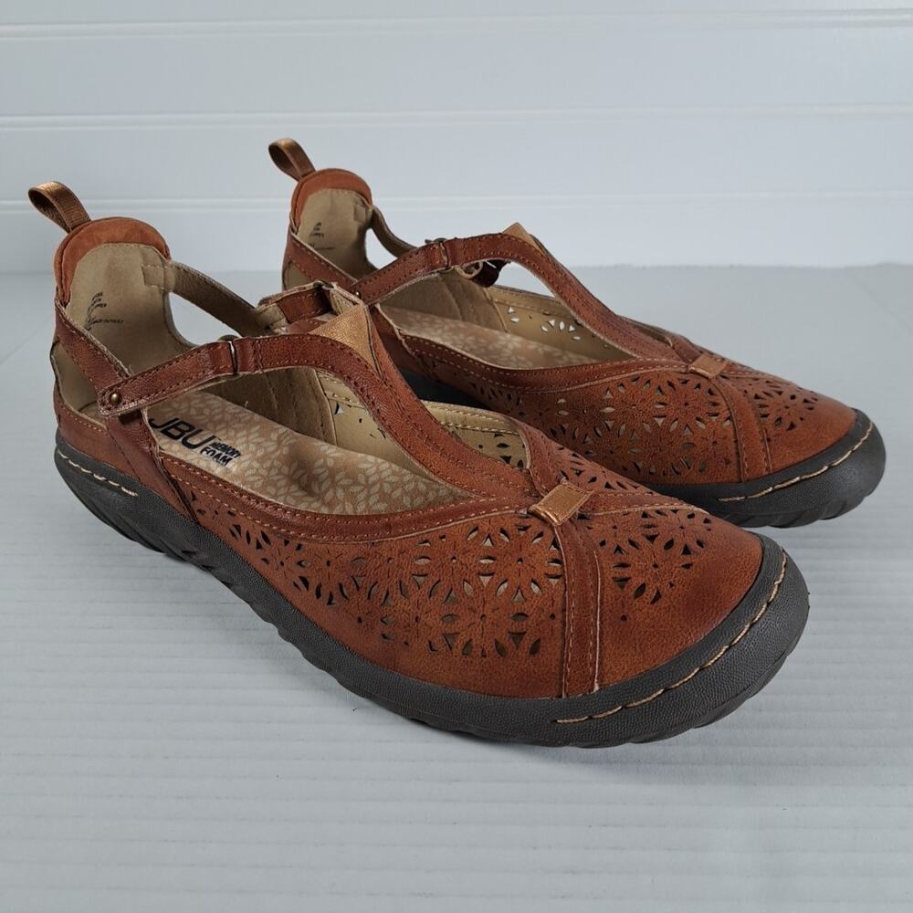 JBU Jambu Daffodil Shoes Womens 9 Brown Floral Cut-Out T-Strap Hook Loop Comfort